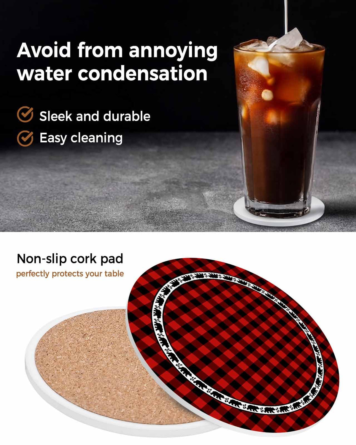 Red Black Buffalo Plaid Set of 6 Absorbent Stone Ceramic Coasters with Holder A915060
