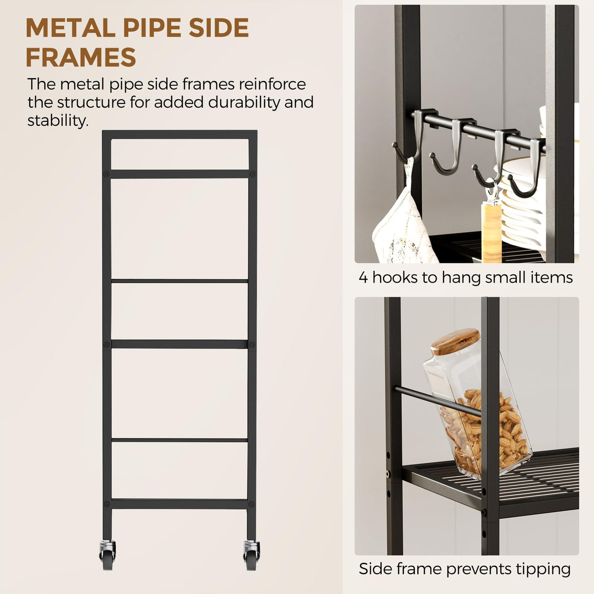 3-Tier Metal Storage Rack with Wheels, Mesh Shelving Unit, Black W3952
