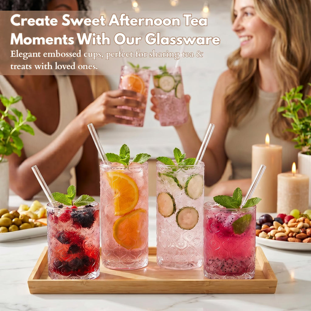 Pink Floral Embossed 12 Oz Highball & 10 Oz Cocktail Glasses Set of 8 with Straws N33621