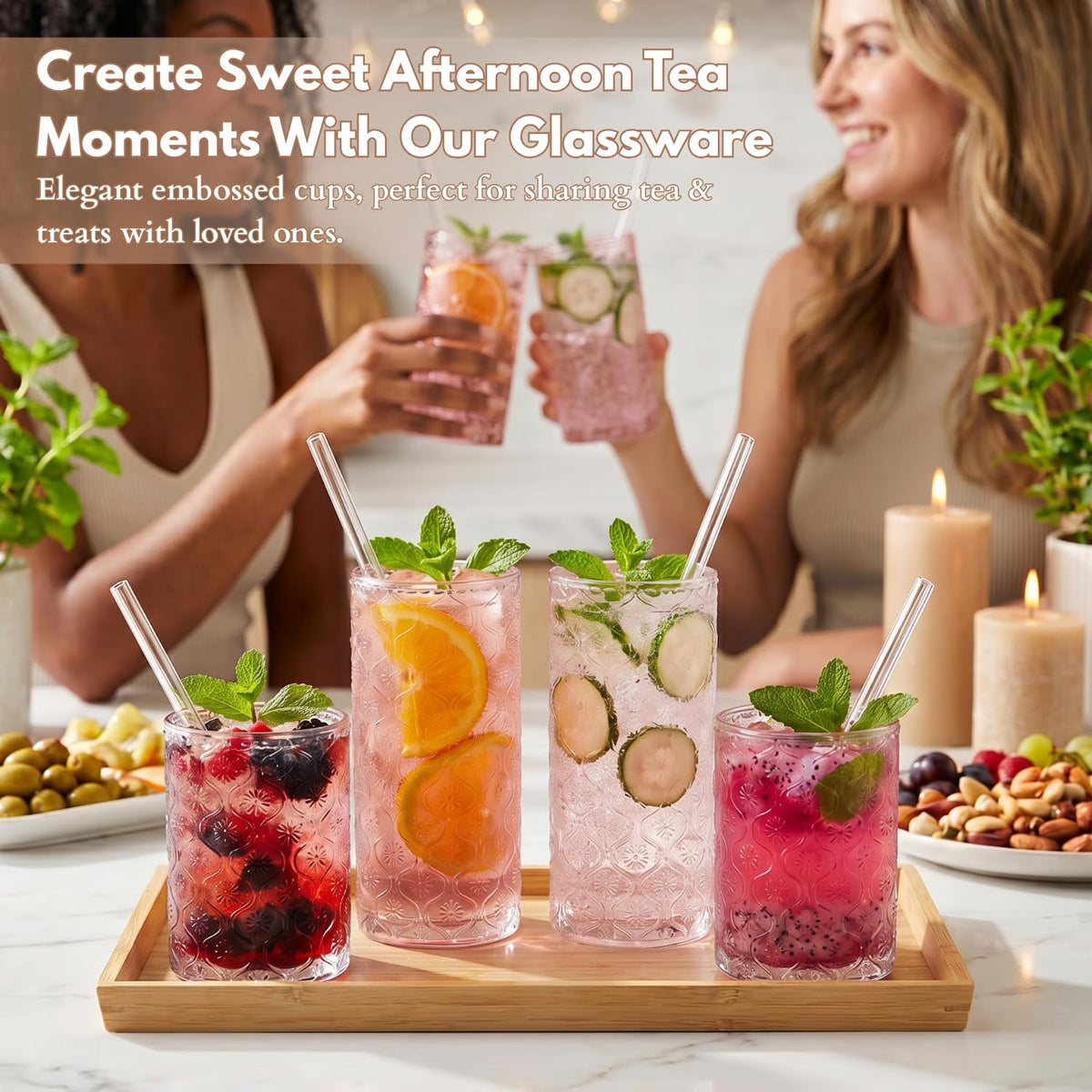 Pink Floral Embossed 12 Oz Highball & 10 Oz Cocktail Glasses Set of 8 with Straws N33621