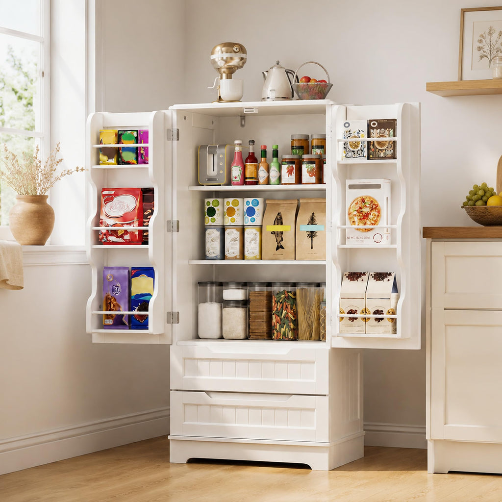 White Pantry Cabinet with 2 Drawers and 6 Door Shelves A728391