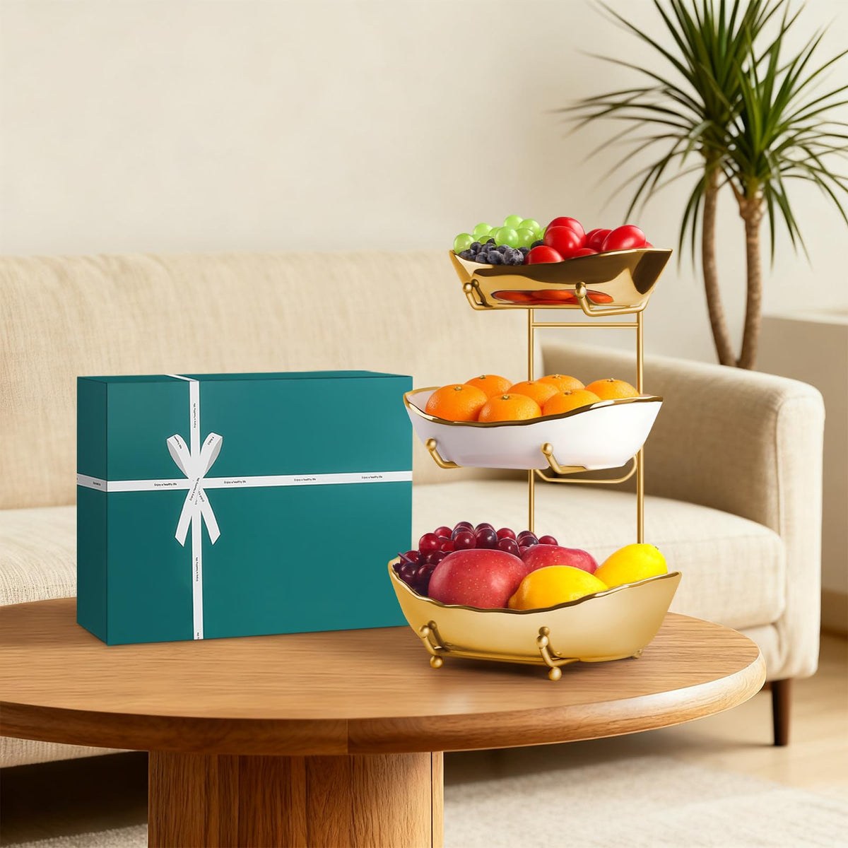 3 Tier Ceramic Fruit Bowl with Metal Stand J394