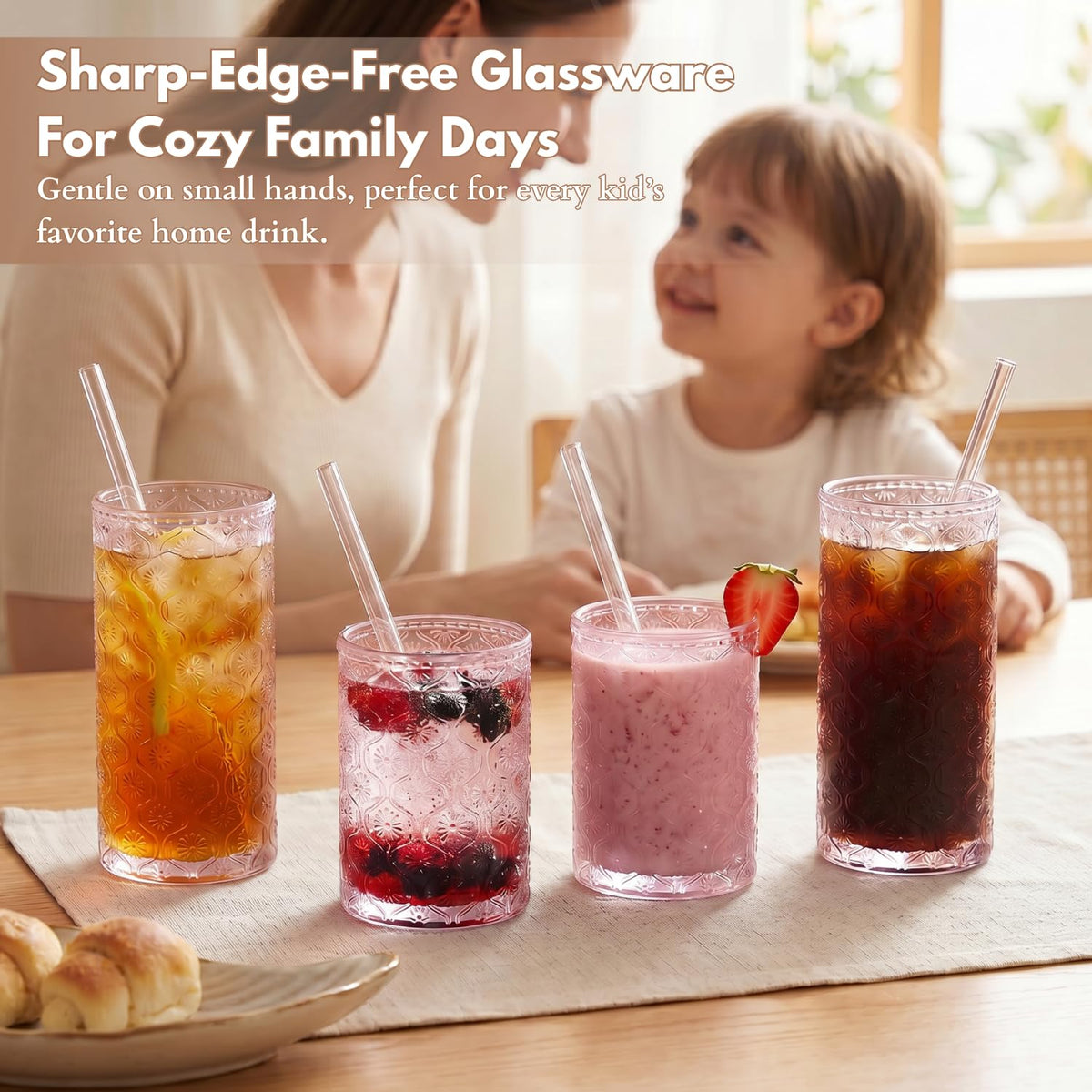 Pink Floral Embossed 12 Oz Highball & 10 Oz Cocktail Glasses Set of 8 with Straws N33621