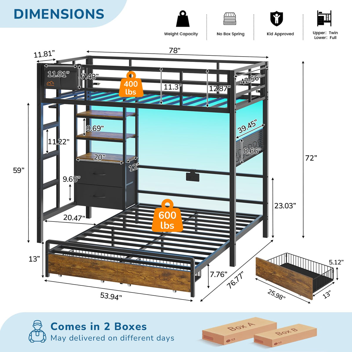 Black Twin Over Full Bunk Bed with Storage Drawers and Bookshelf Z312