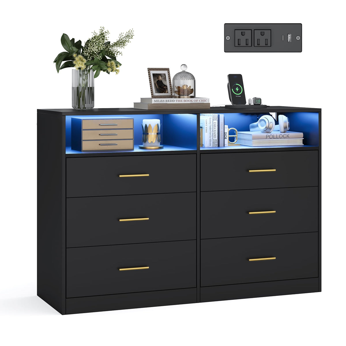 6 Drawer Dresser with LED Lights and Power Strip I80940