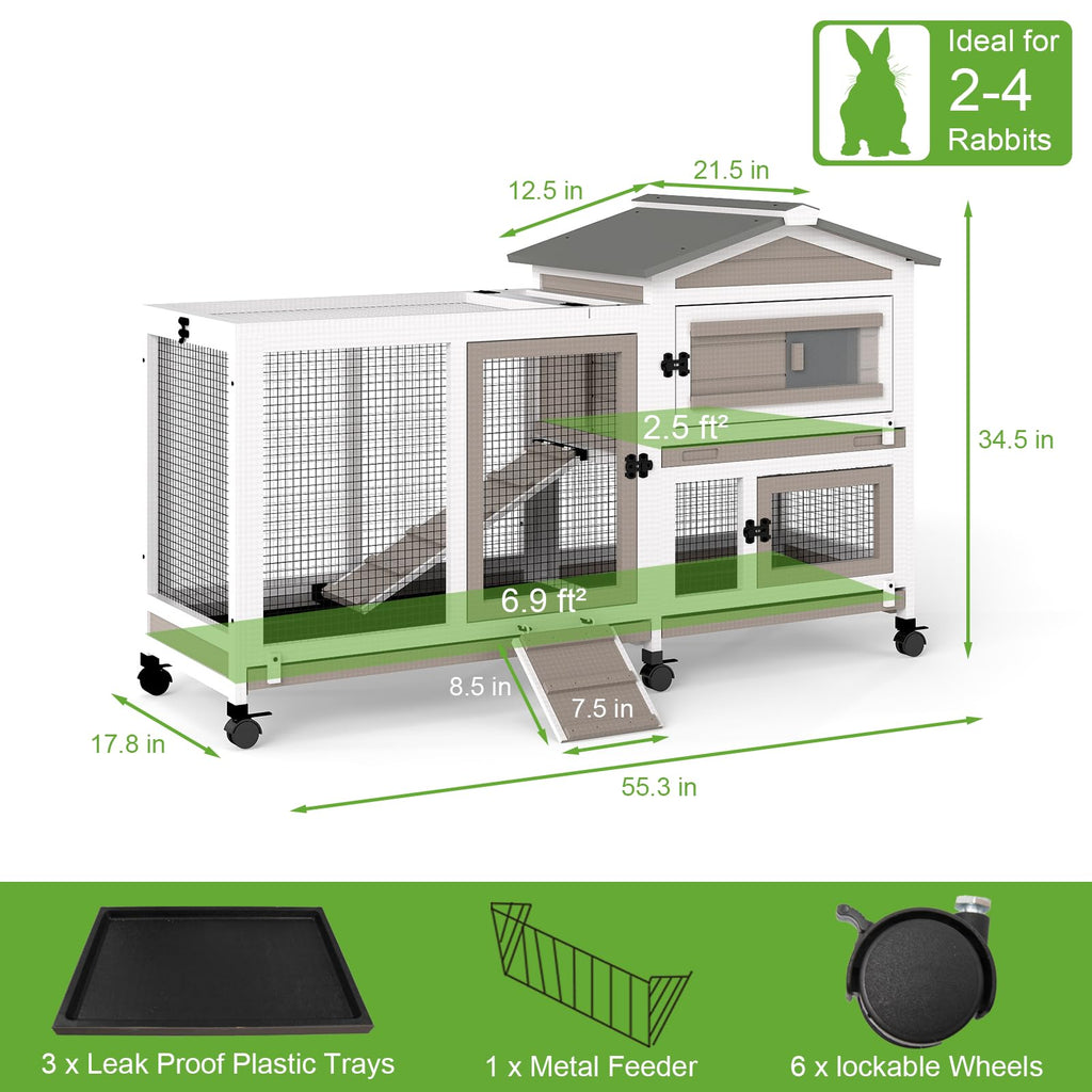 2 Story Wooden Rabbit Hutch with 6 Lockable Wheels A74561
