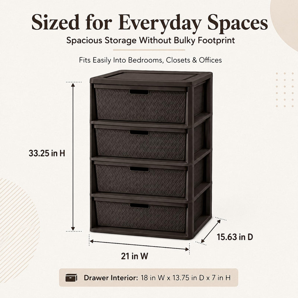 4 Drawer Plastic Storage Tower with Brown Weave Bins G31574