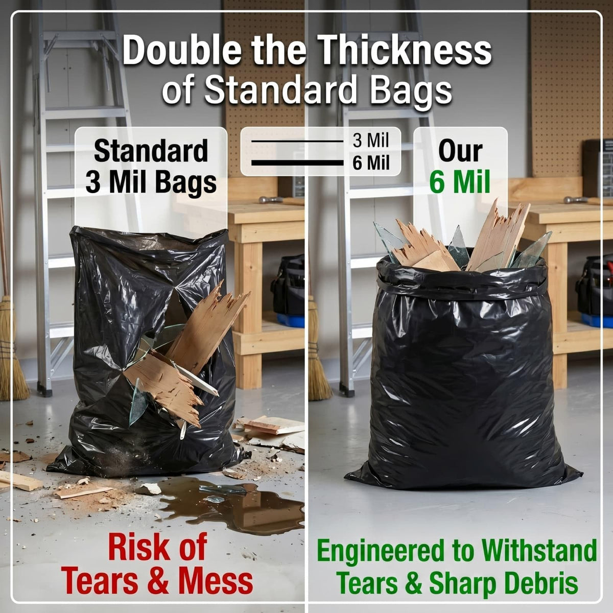 6 Mil Heavy Duty Contractor Trash Bags, 50/55/60 Gallon, Black, 20 Pack B41500