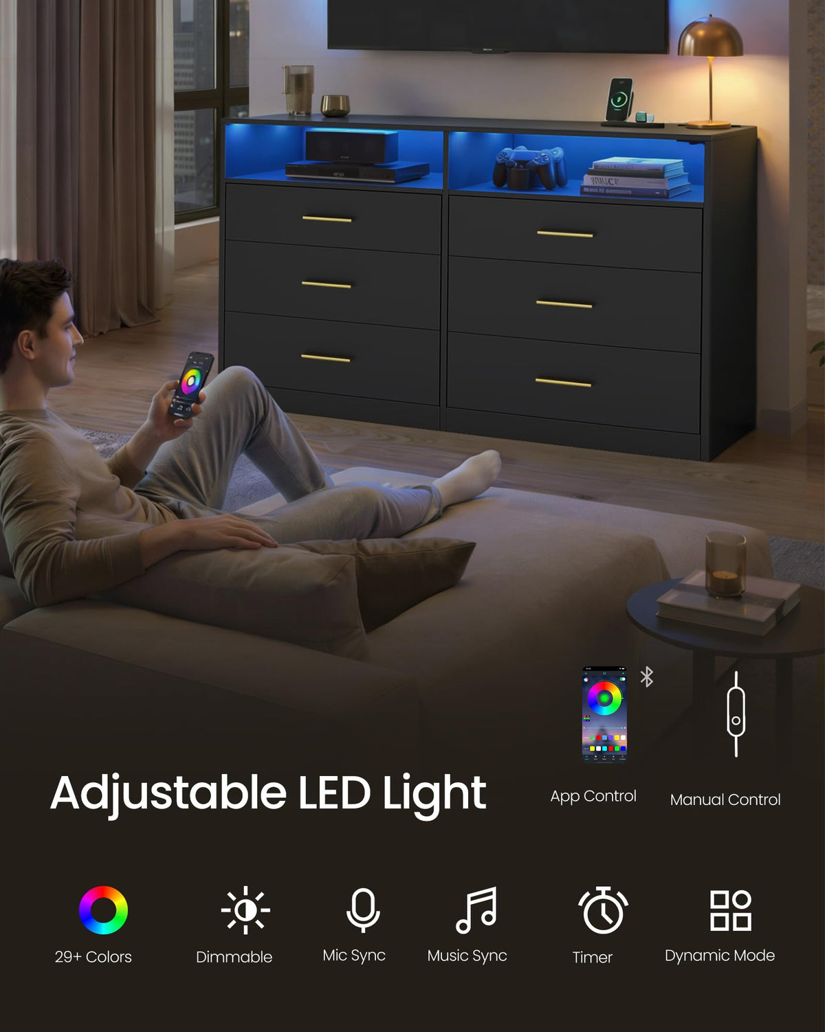 6 Drawer Dresser with LED Lights and Power Strip I80940