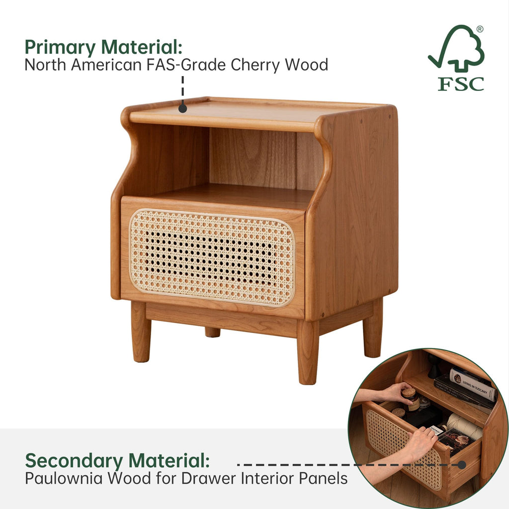 Cherry Wood Rattan Nightstand with Drawer G7618