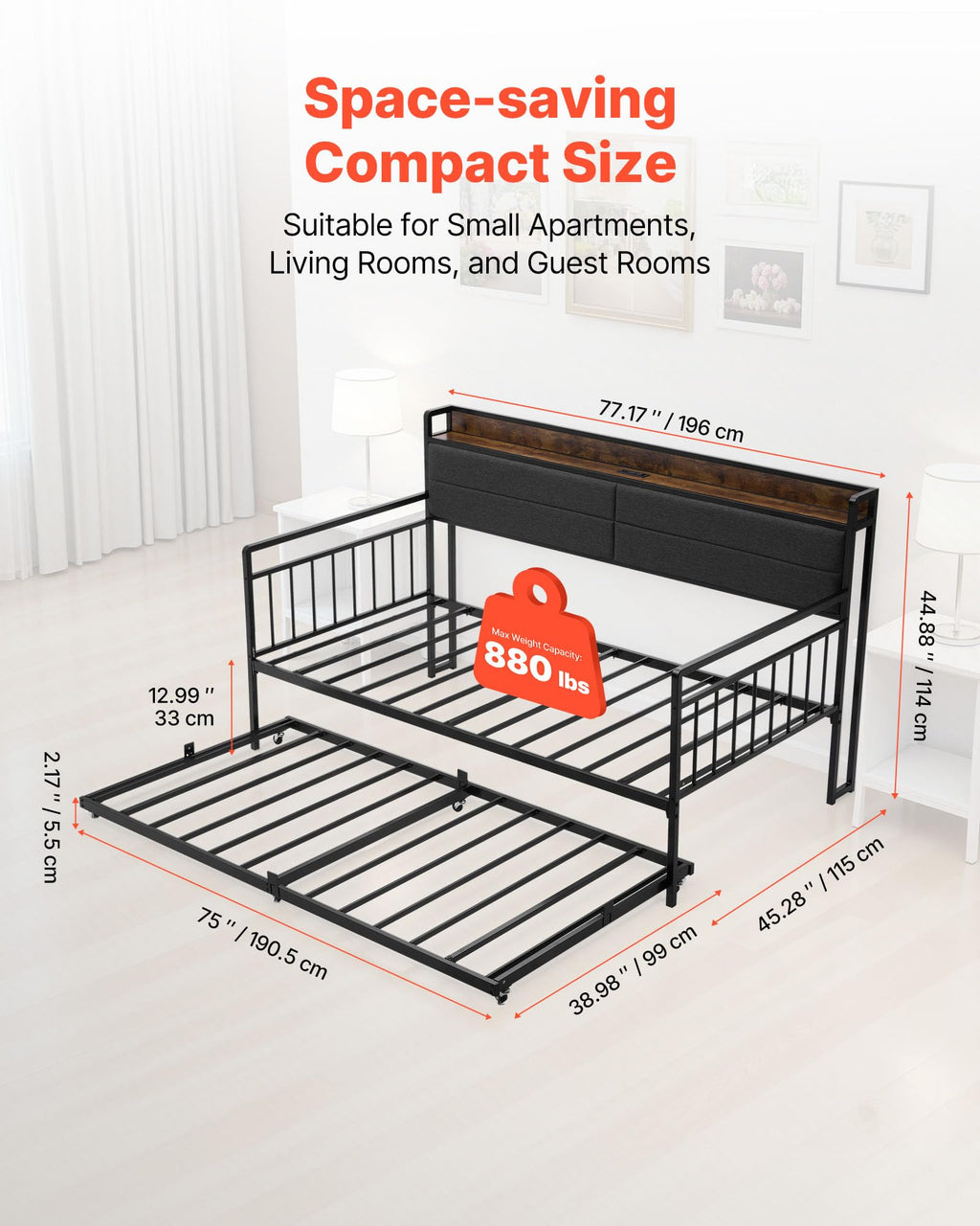 Twin Size Metal Daybed with Trundle P4060