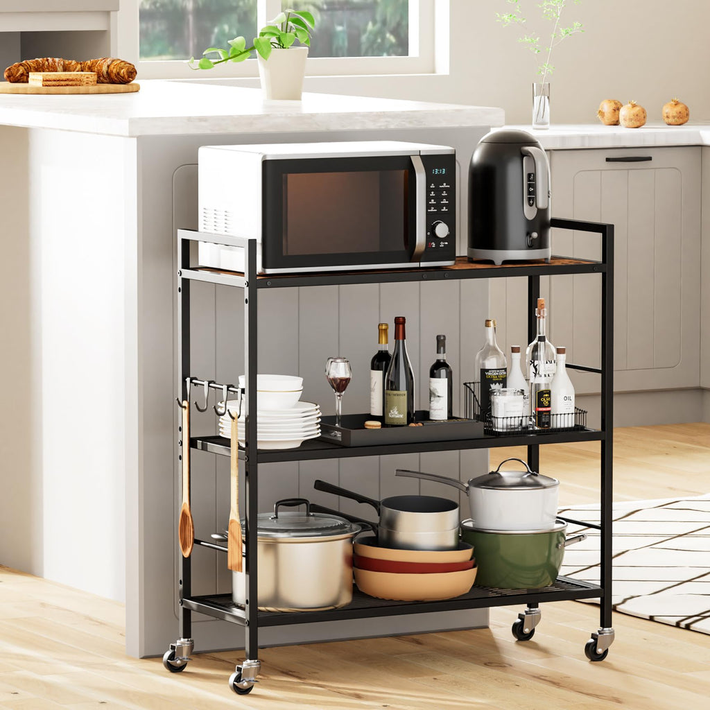 3-Tier Metal Storage Rack with Wheels, Mesh Shelving Unit, Black W3952