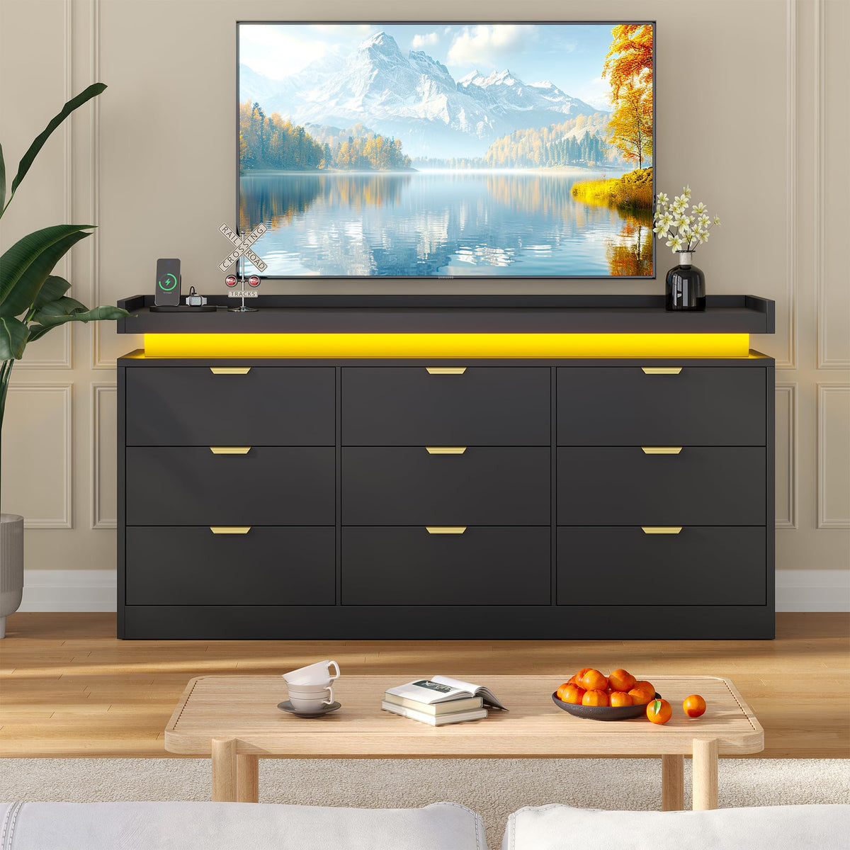 Black 9 Drawer Wood Dresser with LED Lights and Power Outlet U232294
