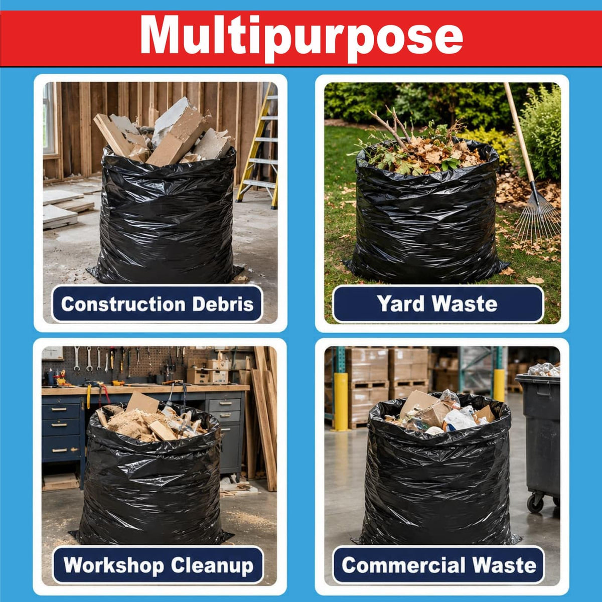 6 Mil Heavy Duty Contractor Trash Bags, 50/55/60 Gallon, Black, 20 Pack B41500
