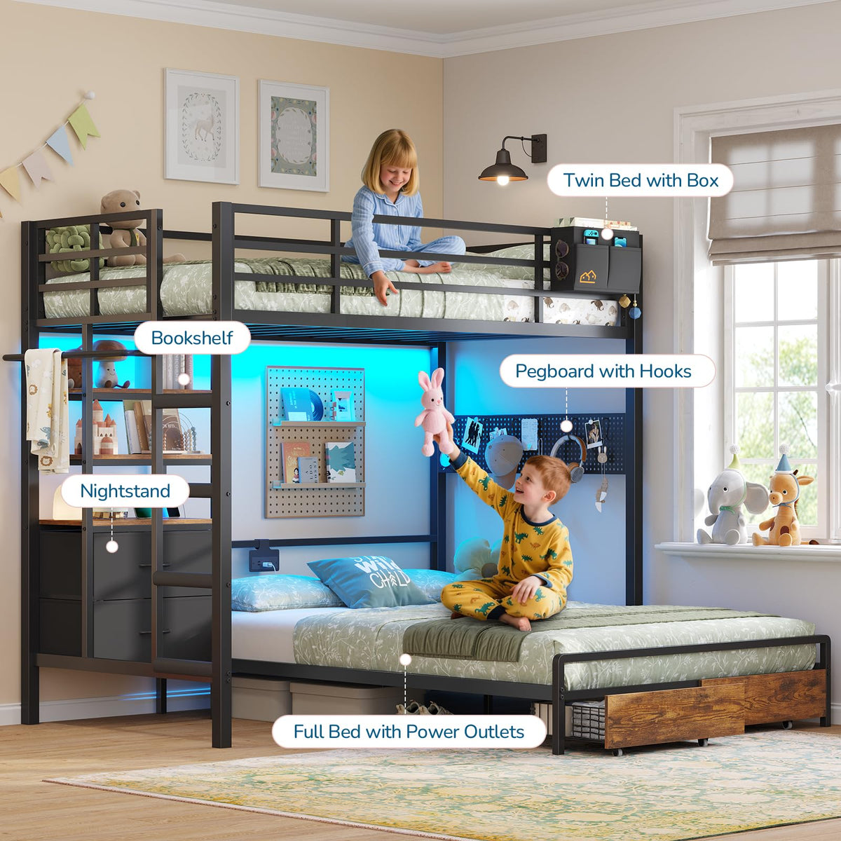 Black Twin Over Full Bunk Bed with Storage Drawers and Bookshelf Z312