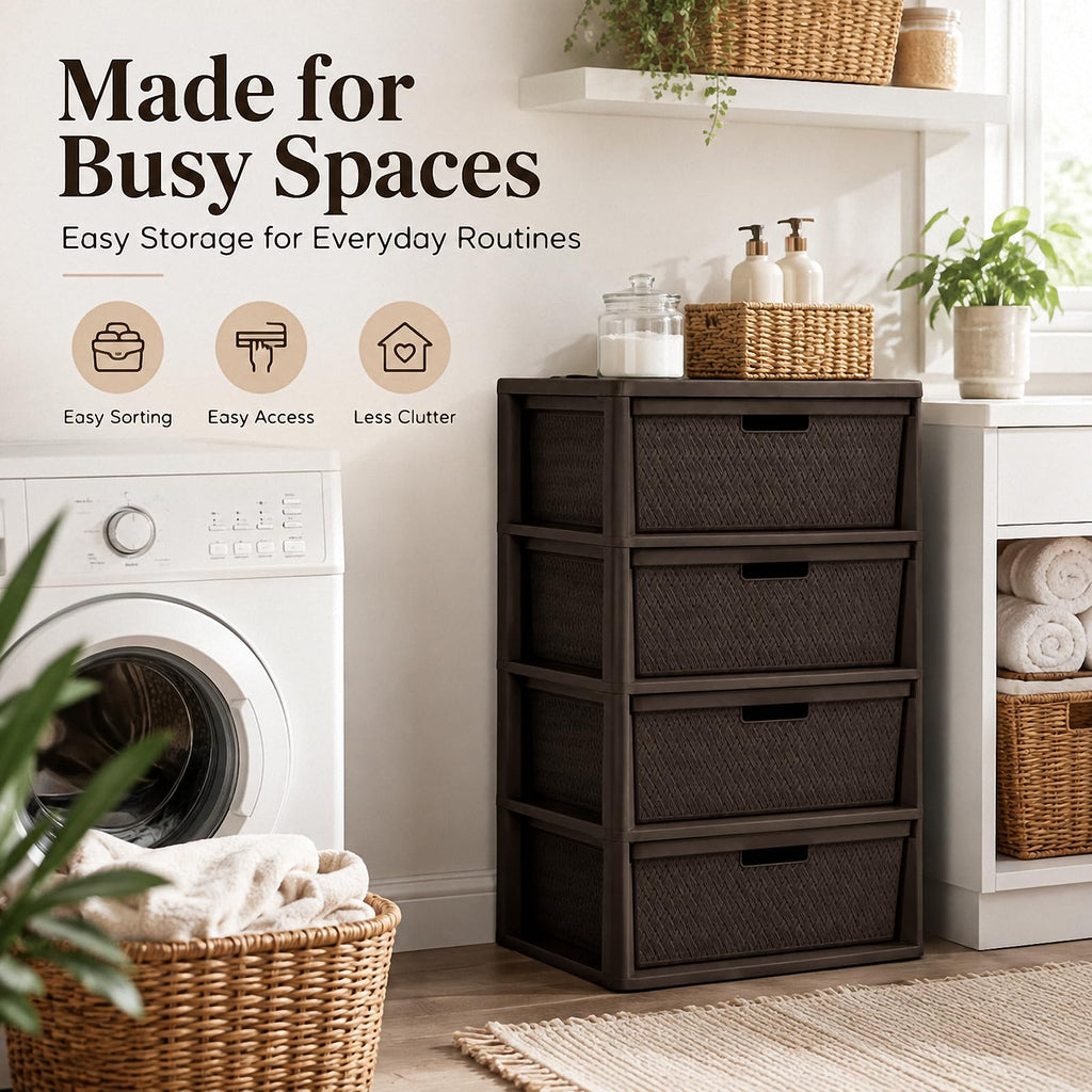 4 Drawer Plastic Storage Tower with Brown Weave Bins G31574