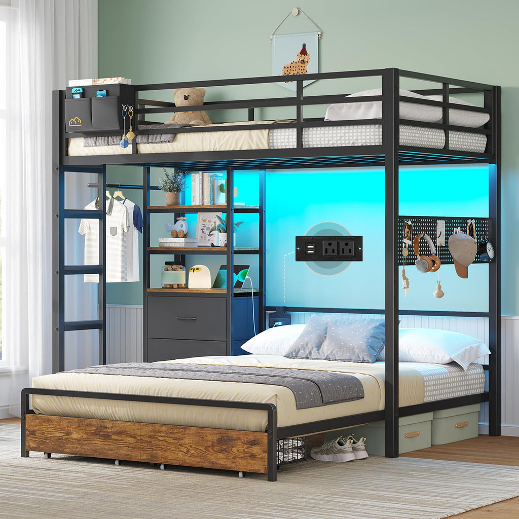 Black Twin Over Full Bunk Bed with Storage Drawers and Bookshelf Z312
