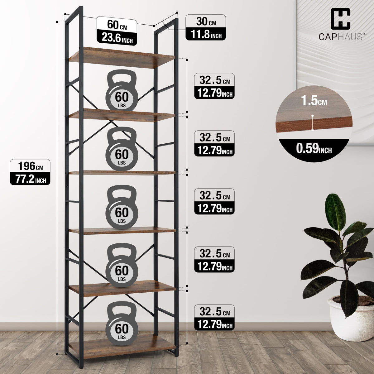 6 Tier 24 Inch Rustic Oak Bookshelf O130