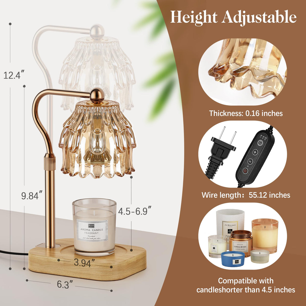 Candle Warmer Lamp with Timer Dimmer Adjustable Height Glass Z786740