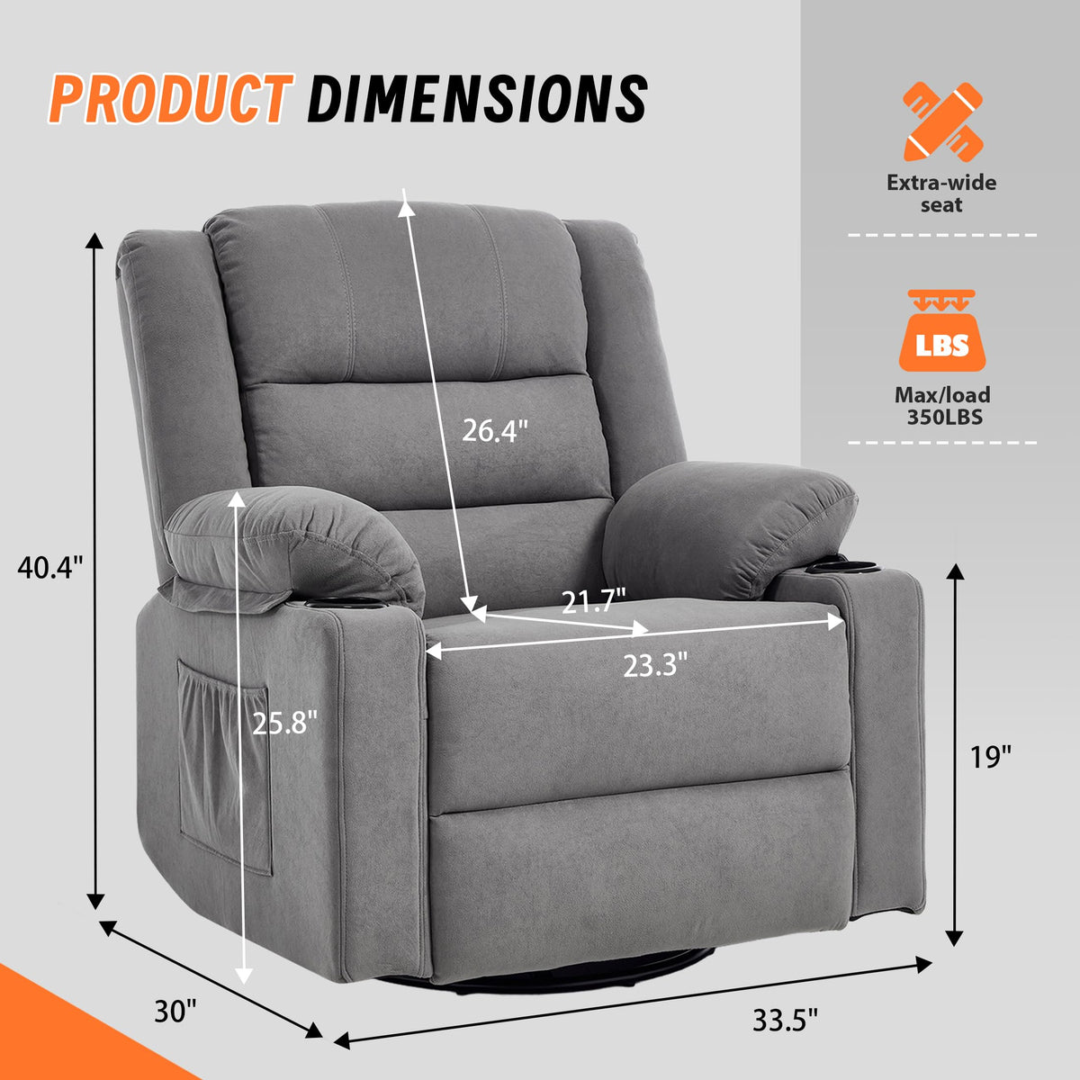 Grey Manual Swivel Rocking Recliner Chair with Massage and Heating Z403
