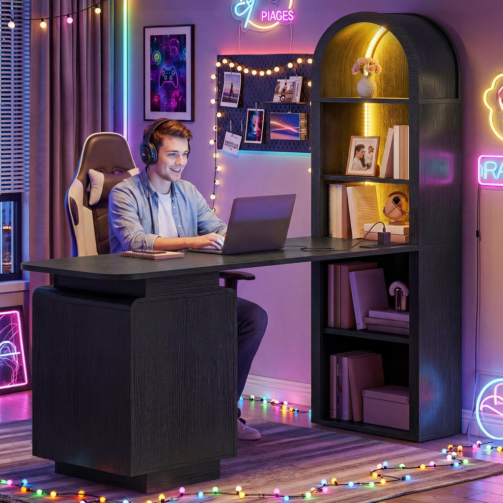 59" Computer Desk with LED Lights & Power Outlets, Black I248