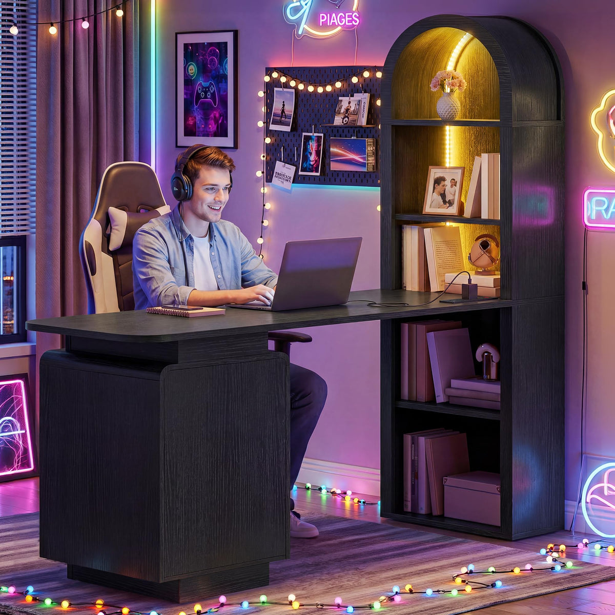 59" Computer Desk with LED Lights & Power Outlets, Black I248