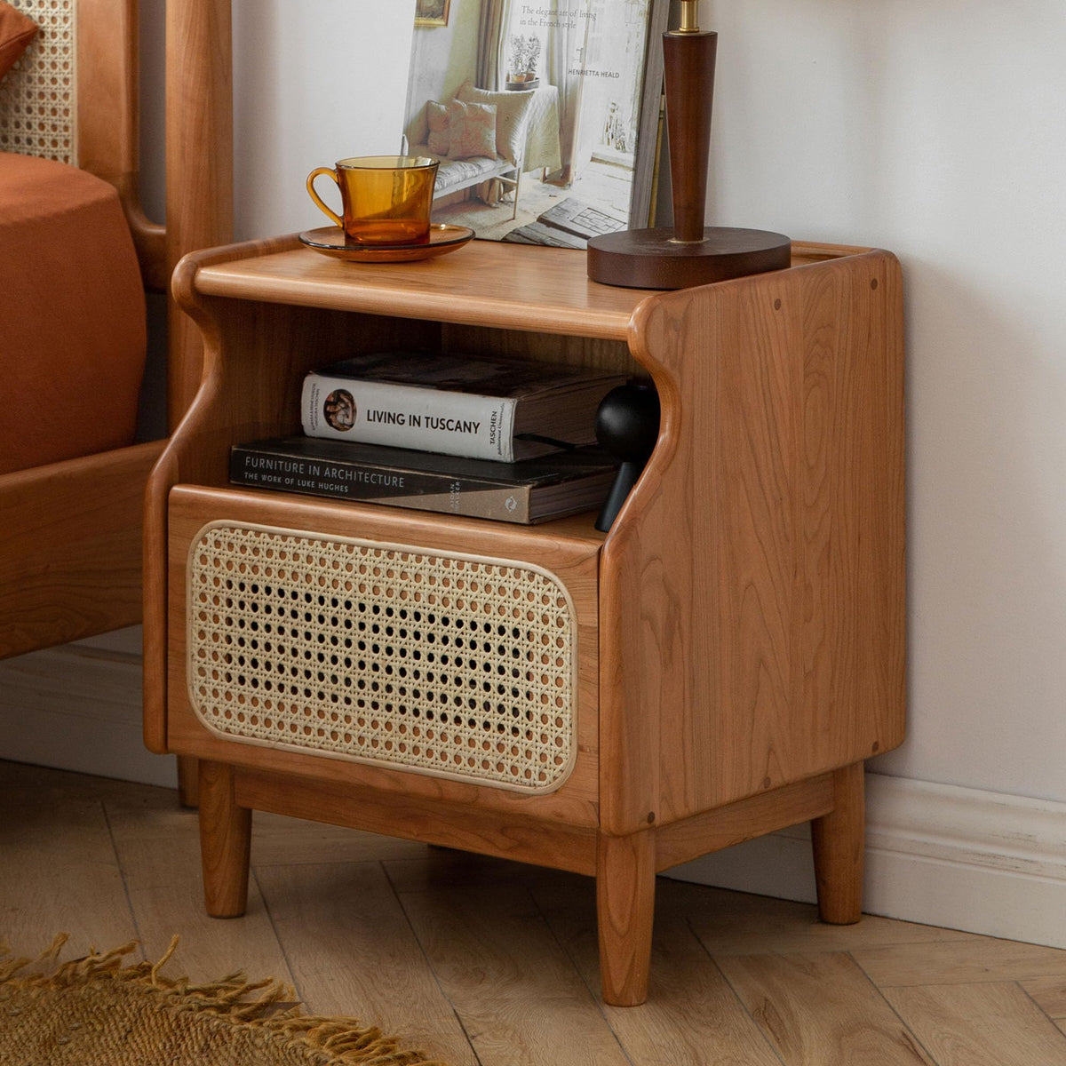 Cherry Wood Rattan Nightstand with Drawer G7618