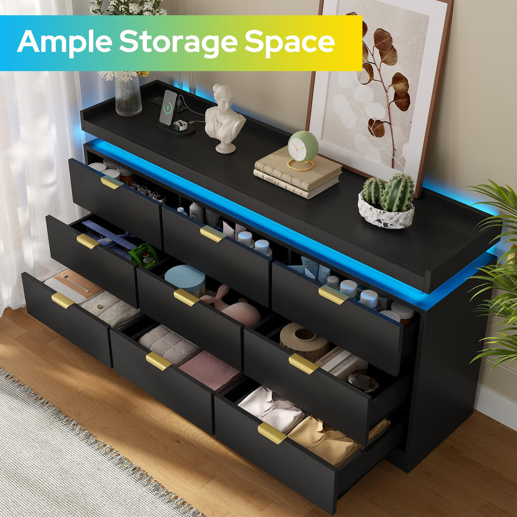 Black 9 Drawer Wood Dresser with LED Lights and Power Outlet U232294