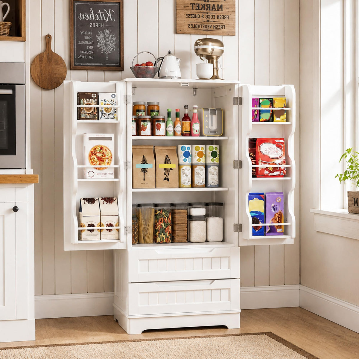 White Pantry Cabinet with 2 Drawers and 6 Door Shelves A728391