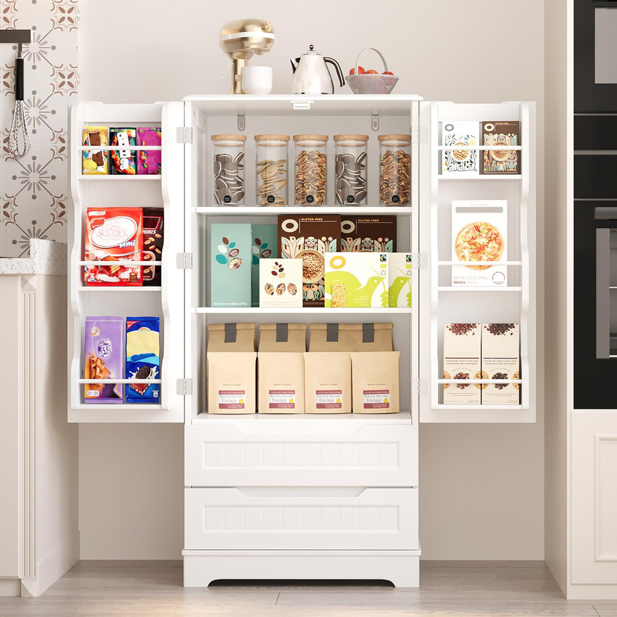 White Pantry Cabinet with 2 Drawers and 6 Door Shelves A728391