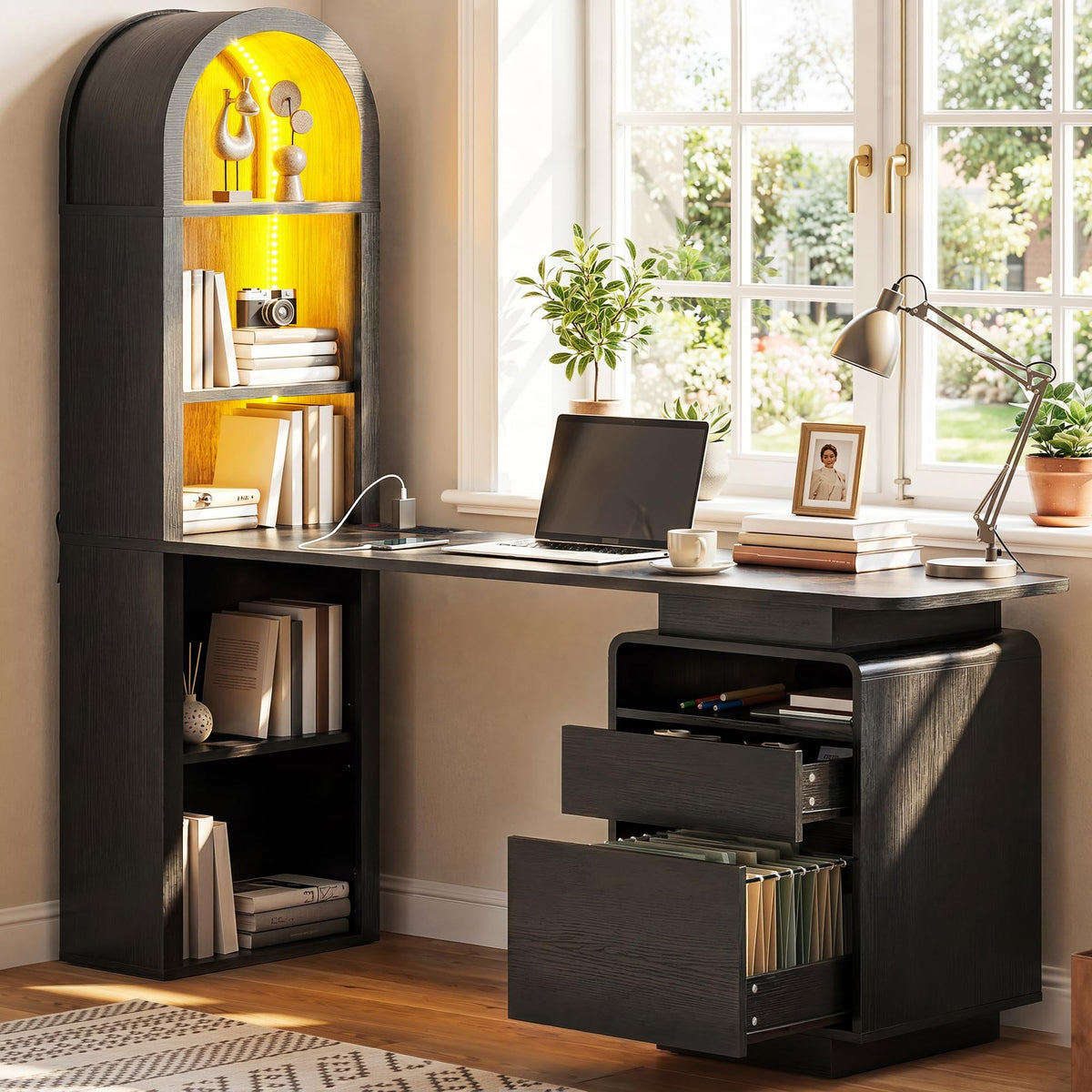 59" Computer Desk with LED Lights & Power Outlets, Black I248