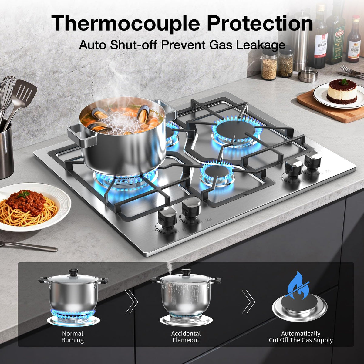 24 Inch 4 Burner Stainless Steel Gas Cooktop U335