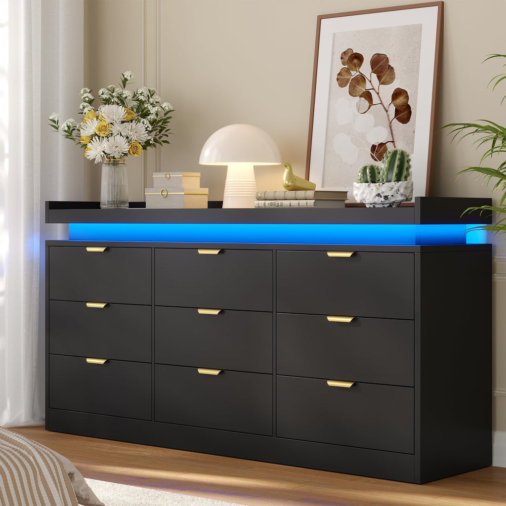 Black 9 Drawer Wood Dresser with LED Lights and Power Outlet U232294