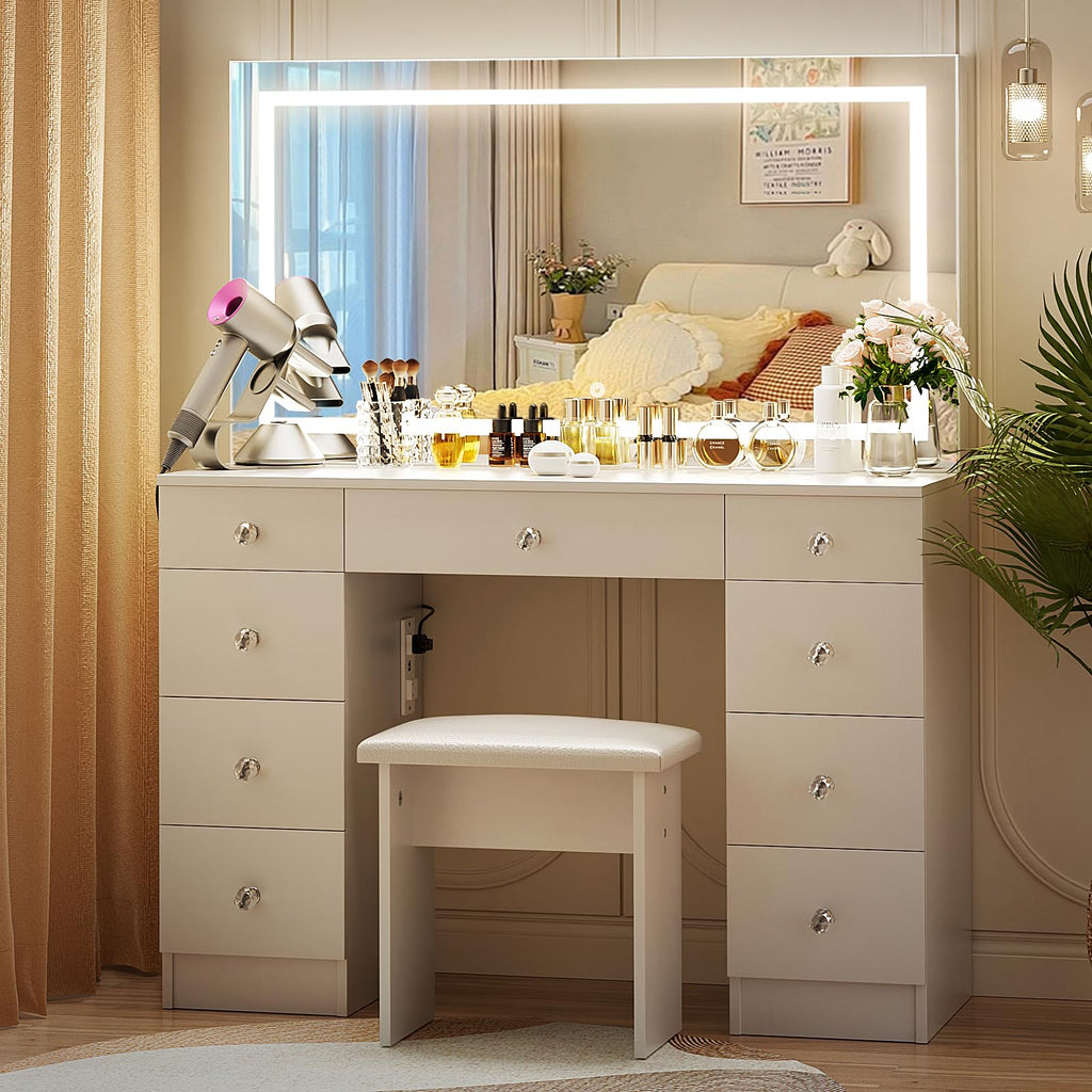 Vanity with Lighted Mirror and 9 Drawers J995