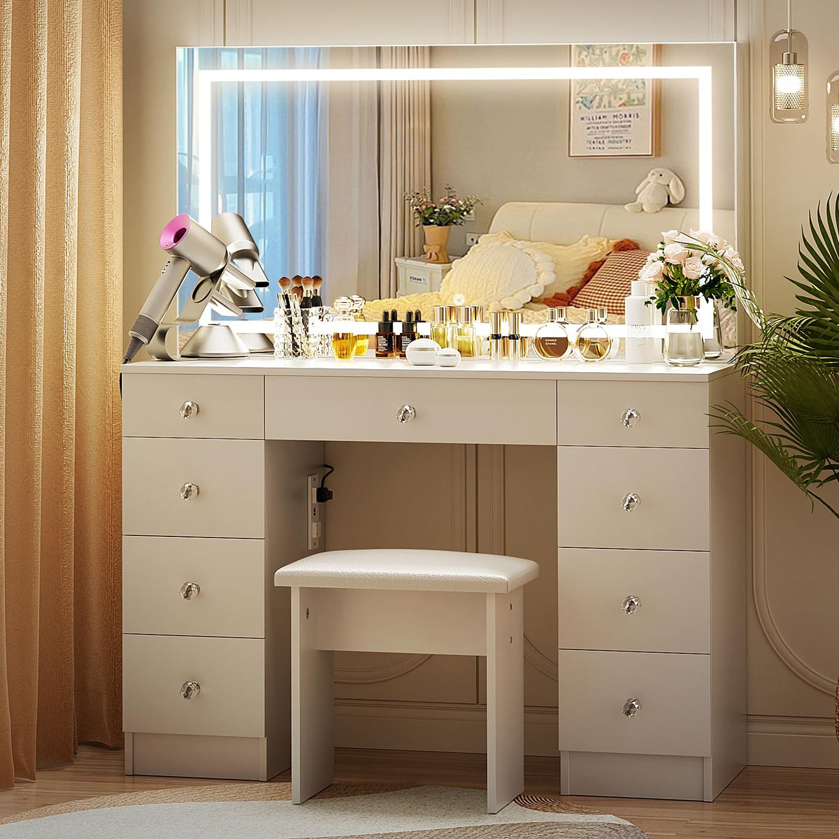 Vanity with Lighted Mirror and 9 Drawers J995