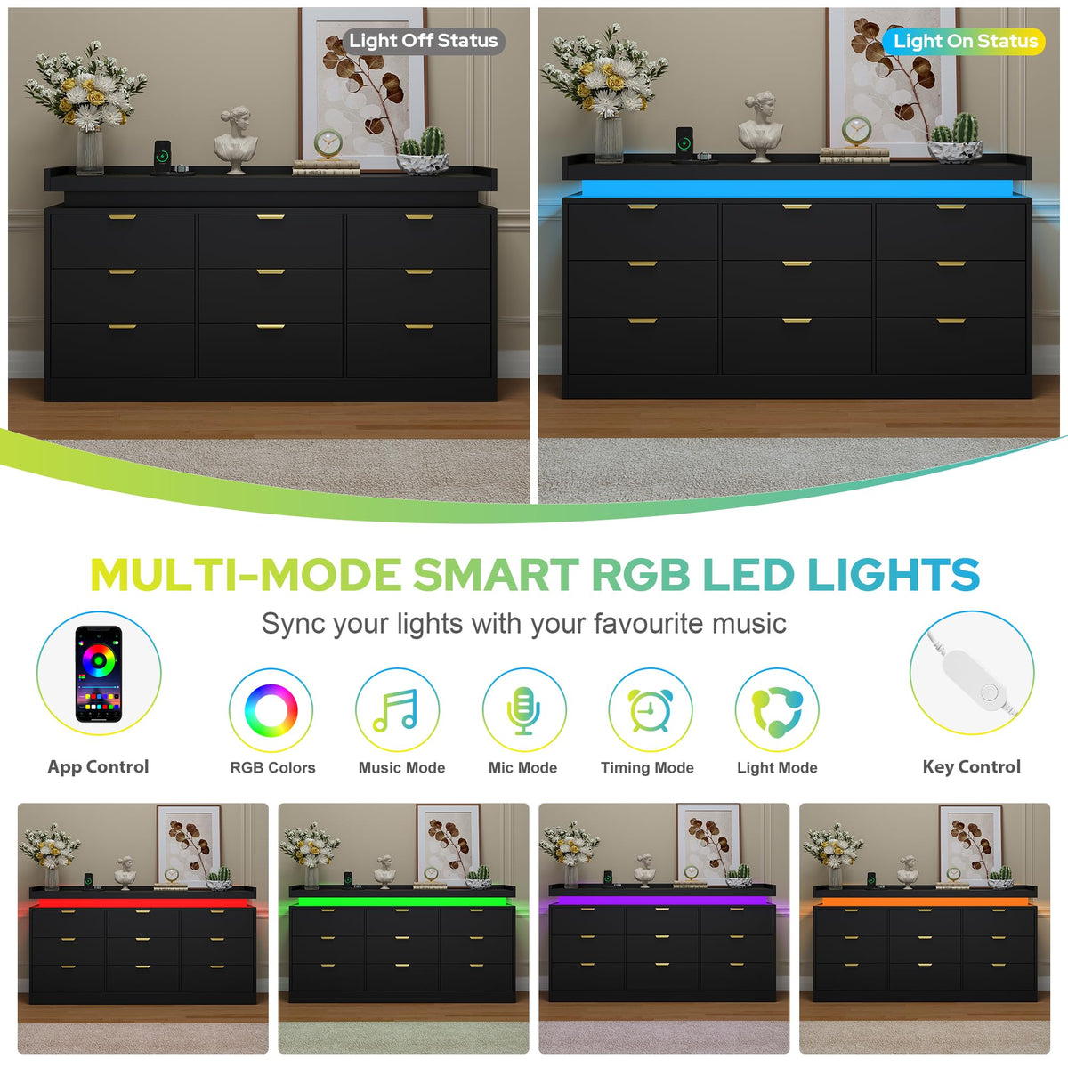 Black 9 Drawer Wood Dresser with LED Lights and Power Outlet U232294