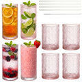 Pink Floral Embossed 12 Oz Highball & 10 Oz Cocktail Glasses Set of 8 with Straws N33621
