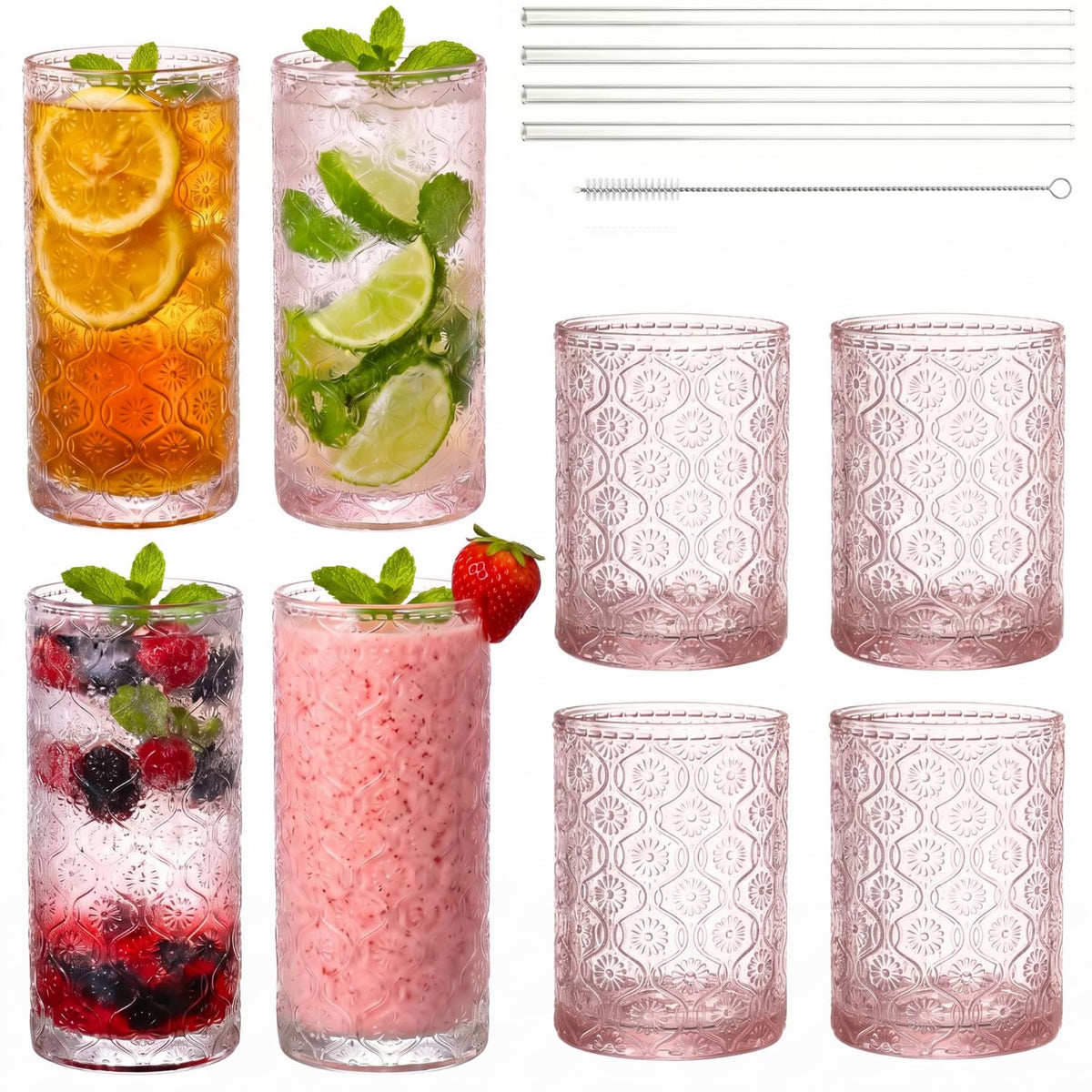 Pink Floral Embossed 12 Oz Highball & 10 Oz Cocktail Glasses Set of 8 with Straws N33621