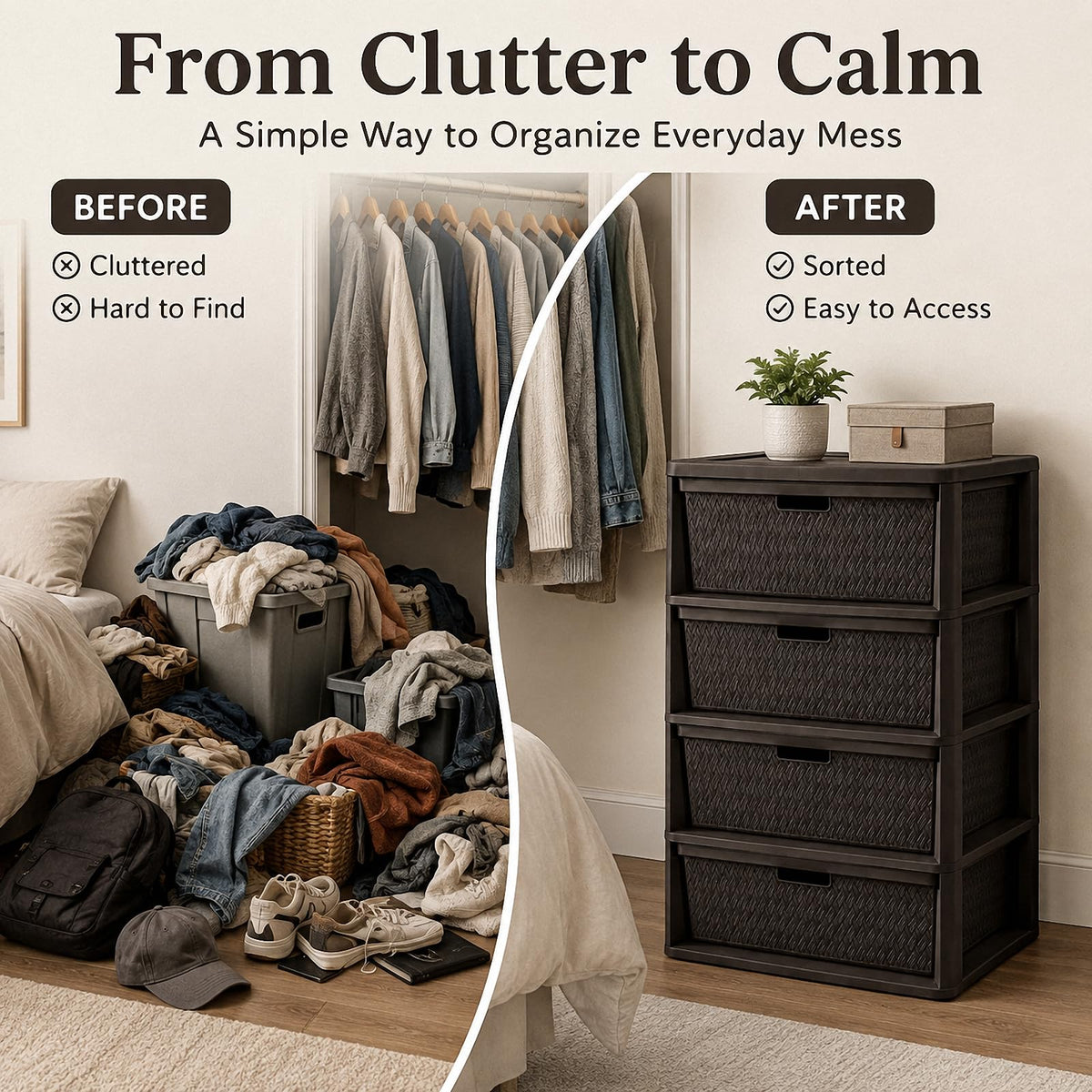 4 Drawer Plastic Storage Tower with Brown Weave Bins G31574