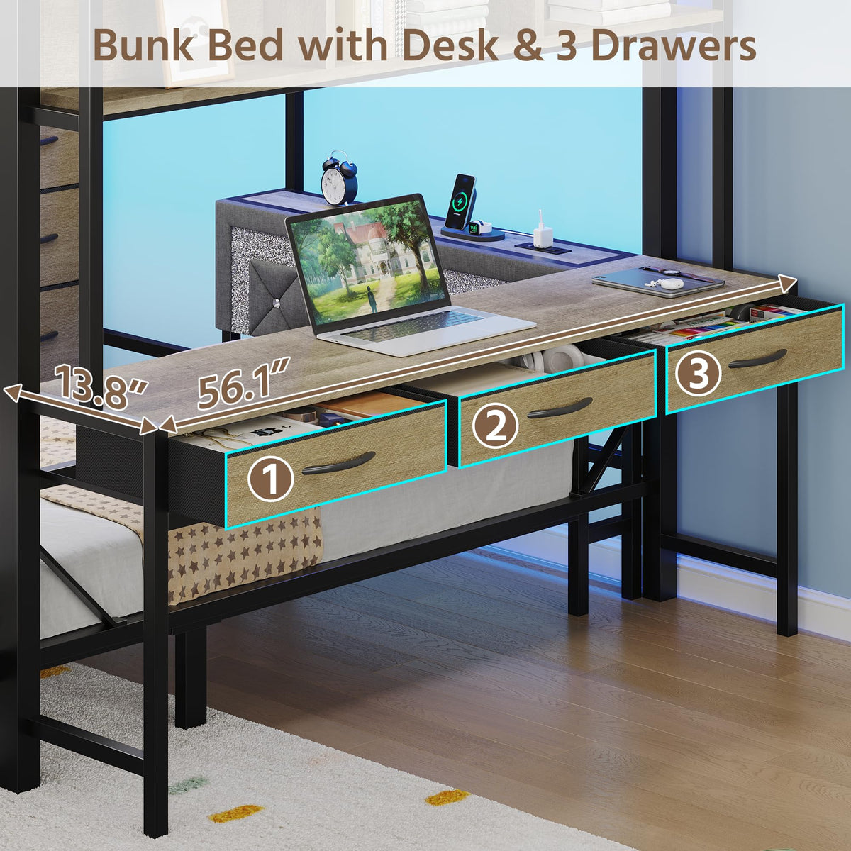 Oak Gray Full Over Twin Bunk Bed with Desk and Drawers B6116