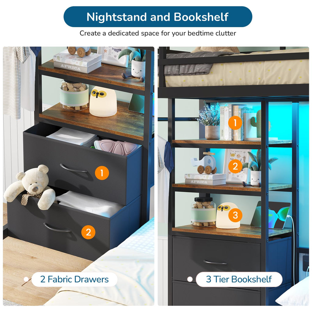 Black Twin Over Full Bunk Bed with Storage Drawers and Bookshelf Z312