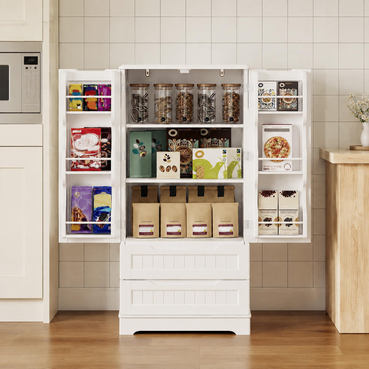 White Pantry Cabinet with 2 Drawers and 6 Door Shelves A728391