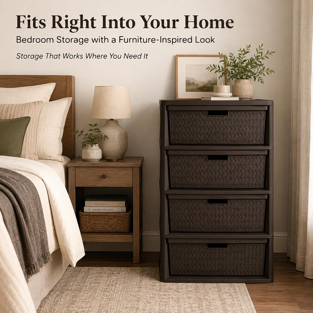 4 Drawer Plastic Storage Tower with Brown Weave Bins G31574