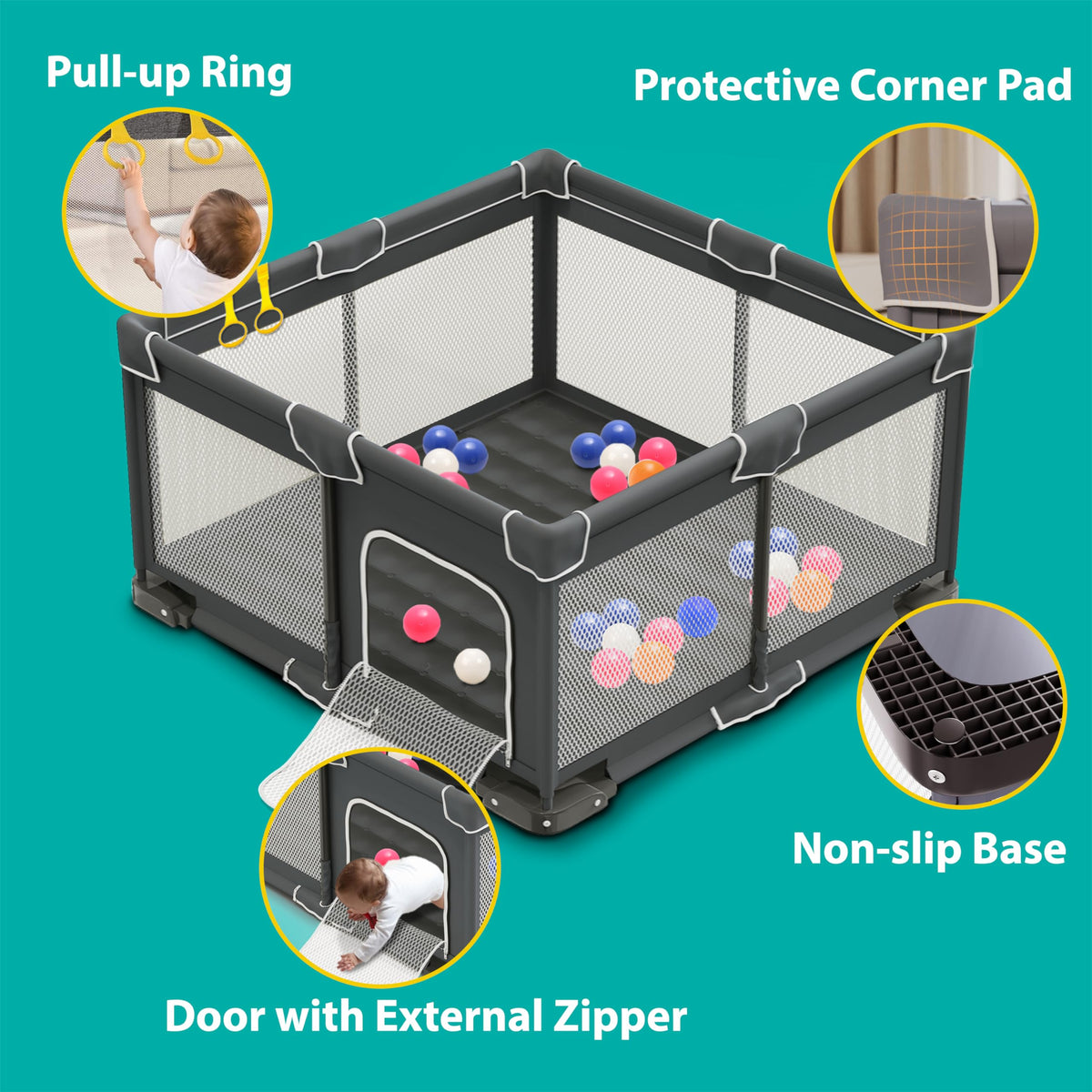 Foldable Playpen for Babies and Toddlers, 50x50 Inches Dark Gray N995