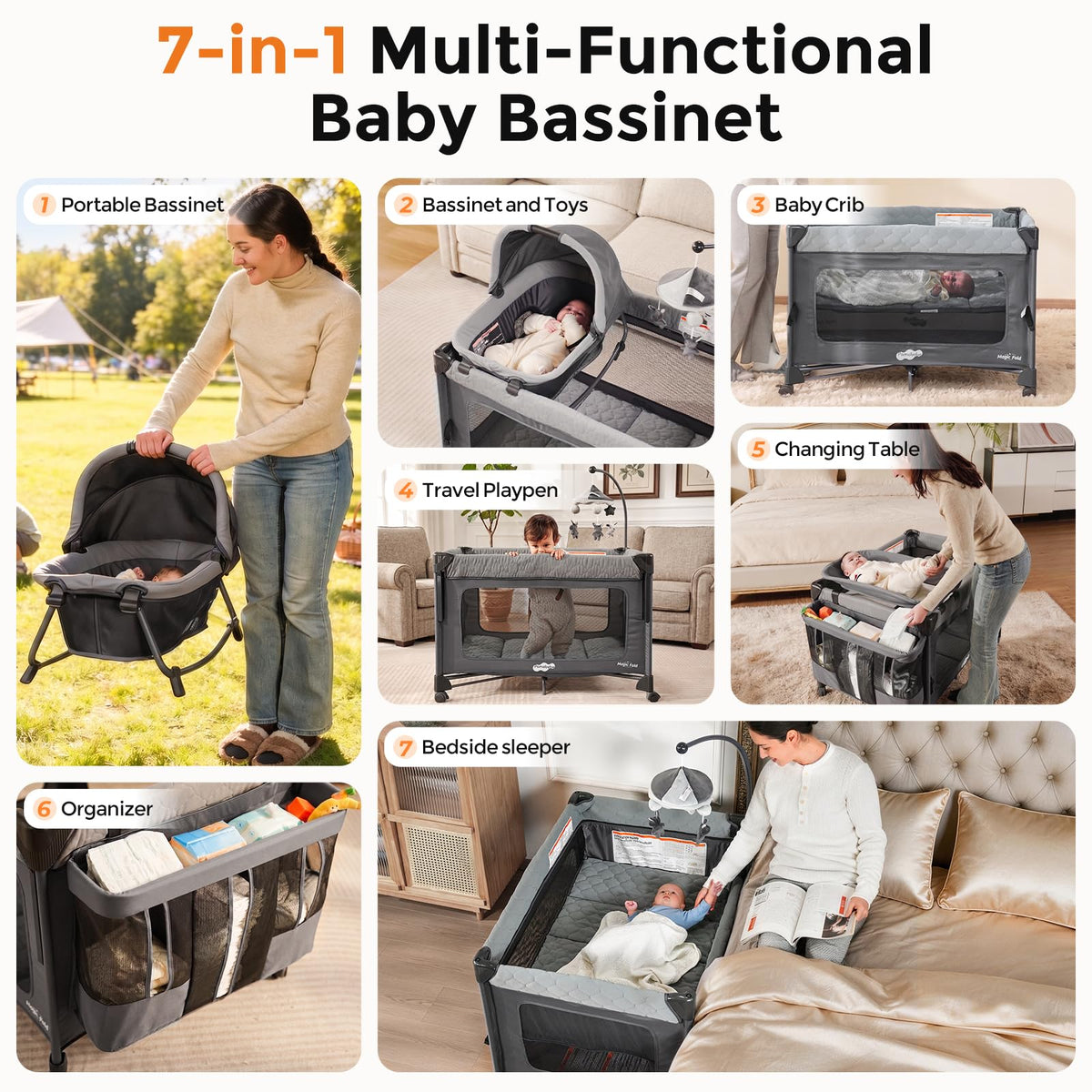 7 in 1 Pack and Play with Bassinet and Changing Station, Portable Electric Baby Swing T8174