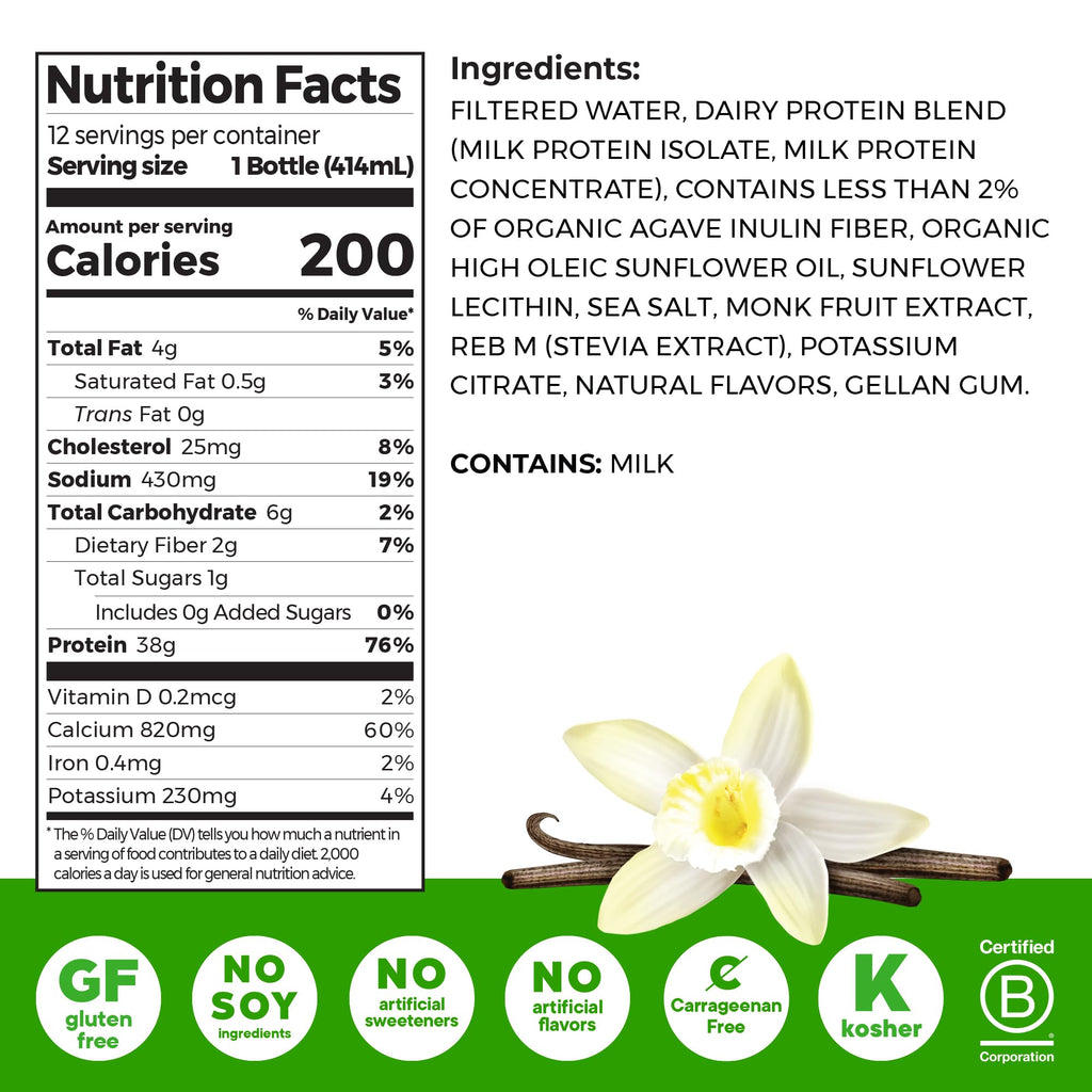 High Protein Grass-Fed Shake, Vanilla, 14 oz, 12pk I982912