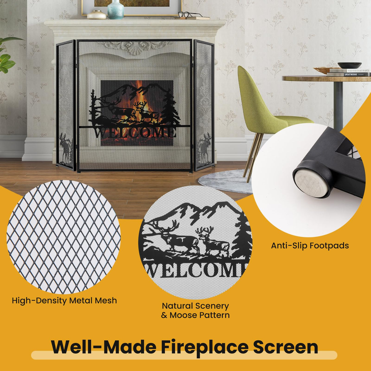 Foldable Fireplace Screen with Moose Pattern C503