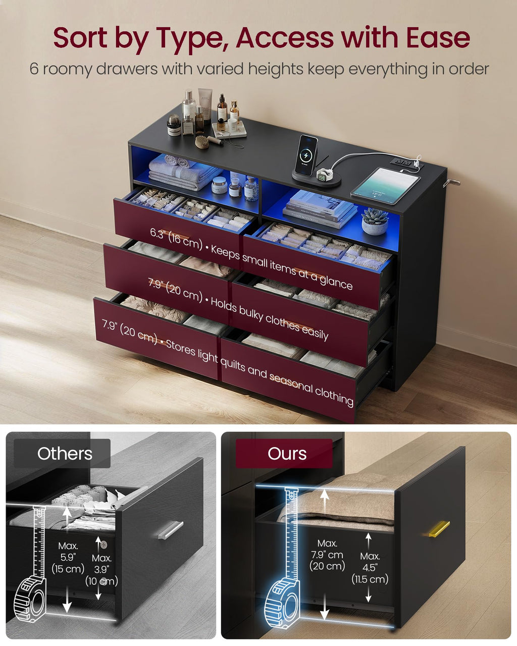 6 Drawer Dresser with LED Lights and Power Strip I80940