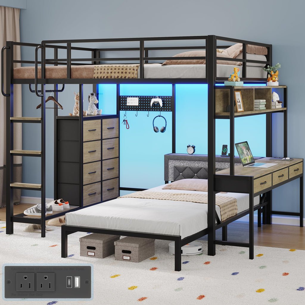 Oak Gray Full Over Twin Bunk Bed with Desk and Drawers B6116