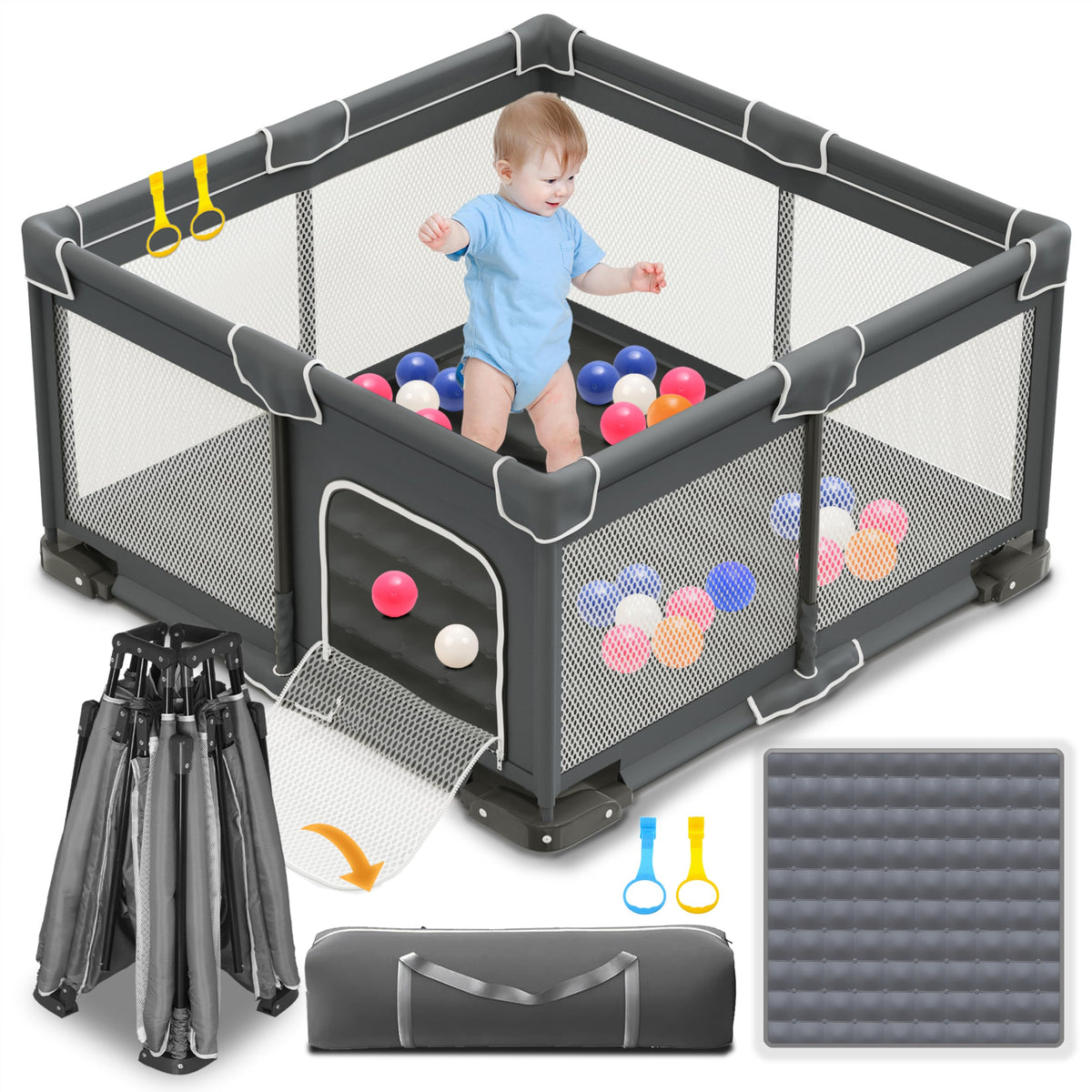 Foldable Playpen for Babies and Toddlers, 50x50 Inches Dark Gray N995